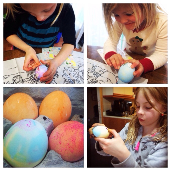 Easy Natural Egg Dye Recipe for Kids - 20140420 210542 Four photo collage of three little girls decorating easter eggs with stickers.