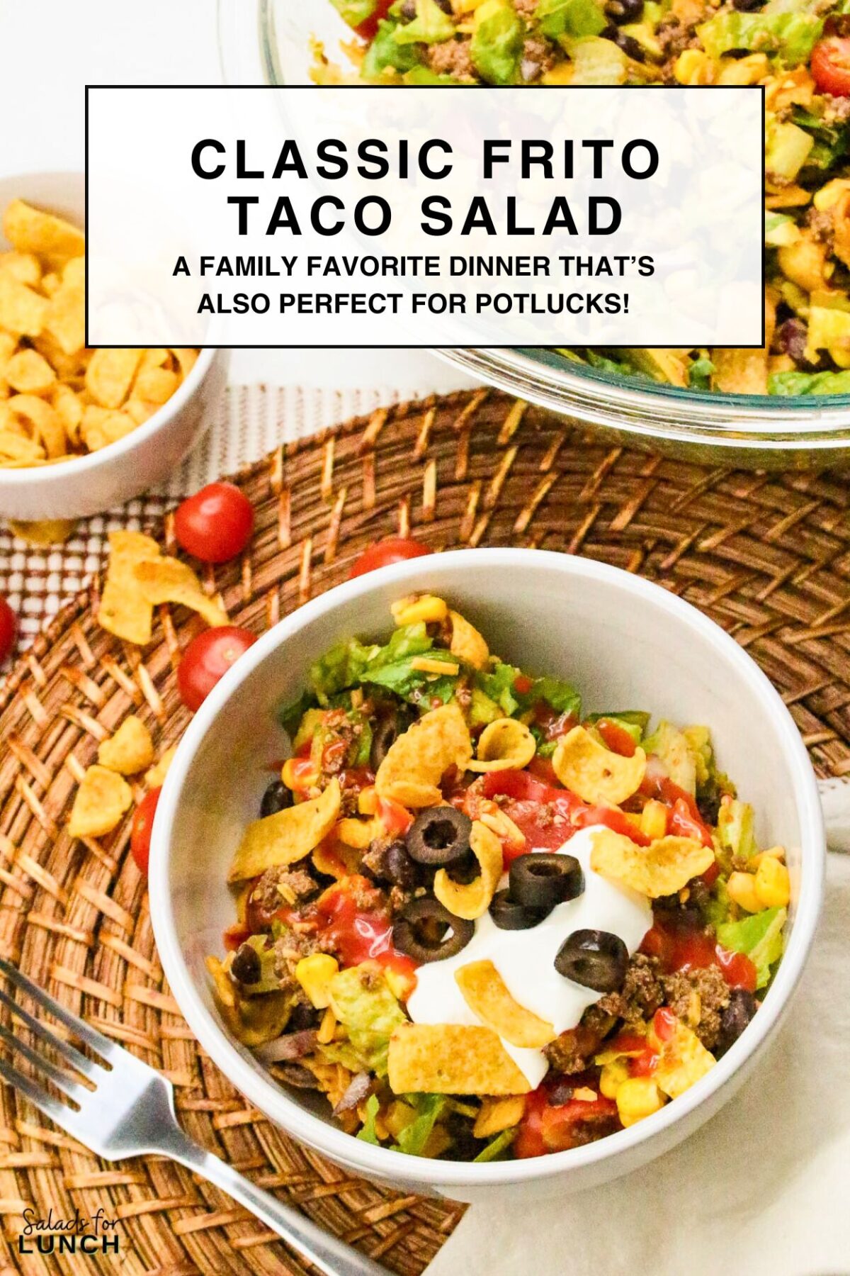 Classic Frito Taco Salad Recipe with Catalina Dressing - Frito Taco Salad is a fun, flavorful, and easy dish that always gets rave reviews. Whether you're bringing it to a backyard BBQ, potluck, or just making it for a weeknight meal, it’s a guaranteed favorite. The combination of fresh ingredients, bold taco seasoning, and crispy Fritos makes every bite delicious. Give this recipe a try and watch it disappear in no time!